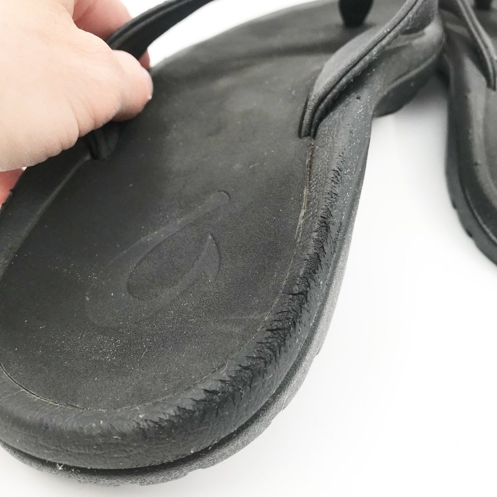 OLUKAI Black Leather Flip Flop Thong Sandals Mens 8 Womens 11 Beach Vacation - Picture 7 of 10